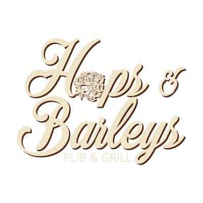 Hops & Barleys Pub & Grill logo in elegant script with beer hop graphic.