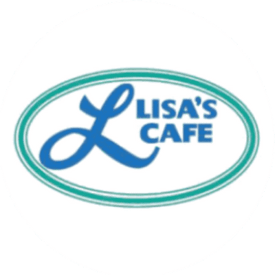 Logo of Lisa's Cafe with a stylized 'L' in blue inside an oval green border.