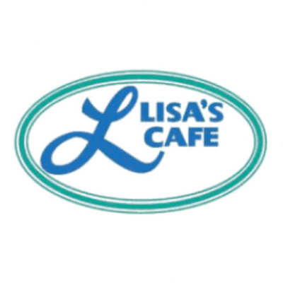 Logo of Lisa's Cafe with a stylized 'L' in blue inside an oval green border.