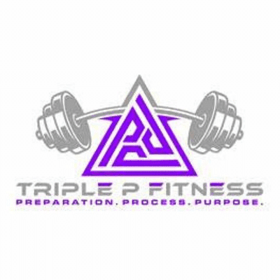 Logo for Triple P Fitness with purple and gray design, featuring barbells and a triangular emblem.