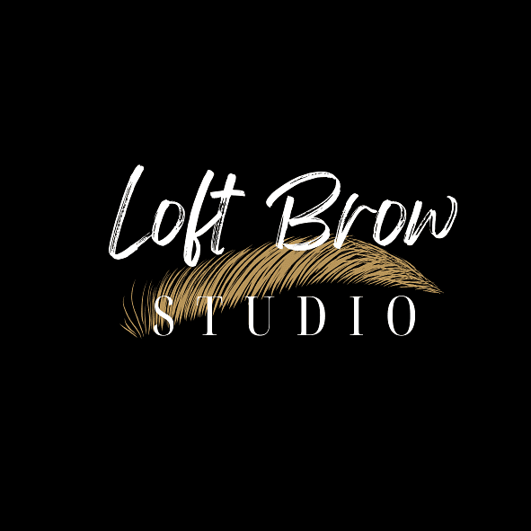 Loft Brow Studio logo with a stylized eyebrow in gold on a black background.