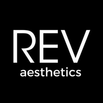 REV aesthetics logo with white text on a black background.